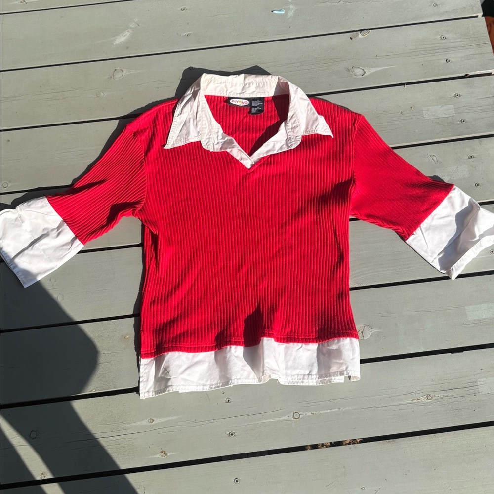 Red V-Neck Sweater with White Accents